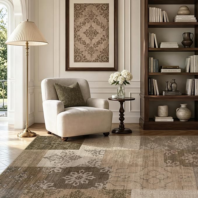UERMEI 9x12 Area Rug for Living Room, Washable Brown Modern Geometric Patchwork - Image 2