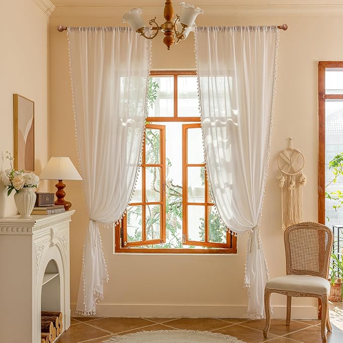MYSKY HOME 72 Inches Long Semi Boho Sheer White Door Curtains - Image 8