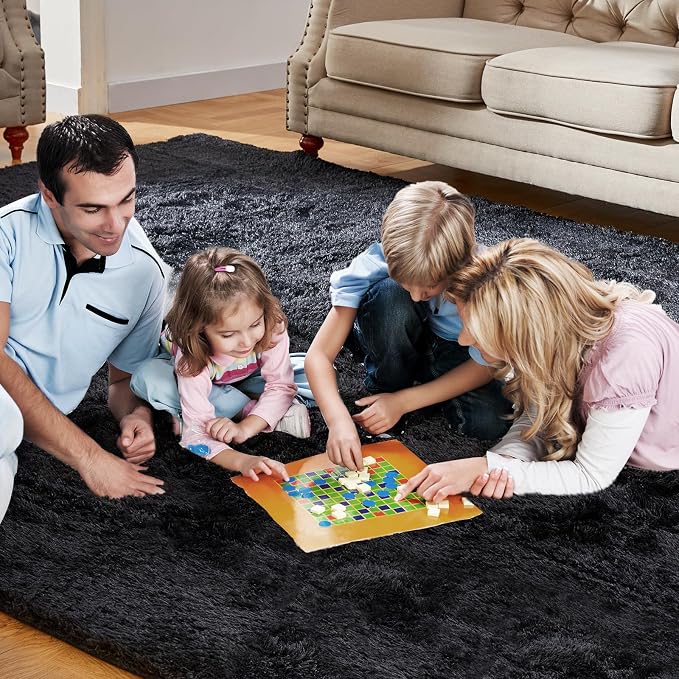 KNZE Super Soft Area Rugs for Living Room 5x7 Black, Fluffy Furry Shaggy Fuzzy - Image 5