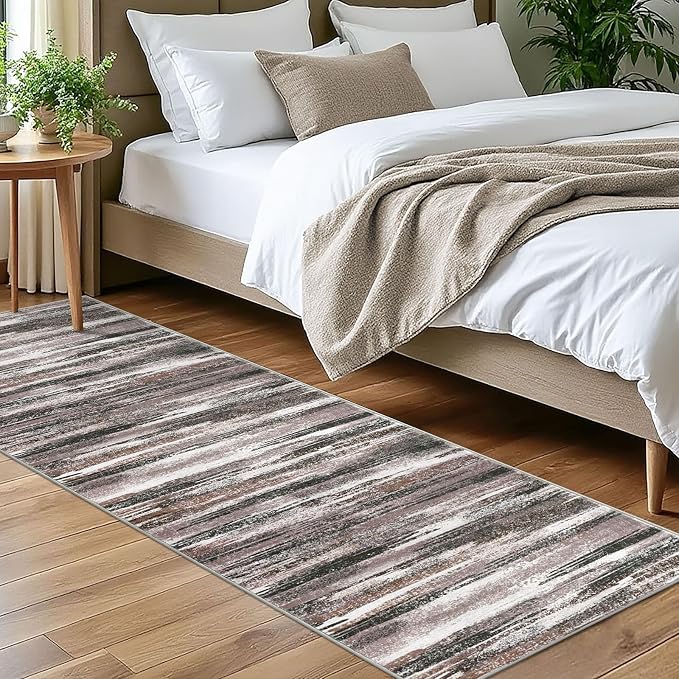 Lansny Modern Abstract Bedroom Runner Rug 2x7, Dark Light Brown White Washable by lansny