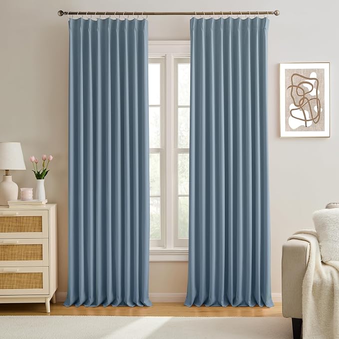 2 PCs Dusty Blue Pleat Wide Drapes by KEQIAOSUOCAI