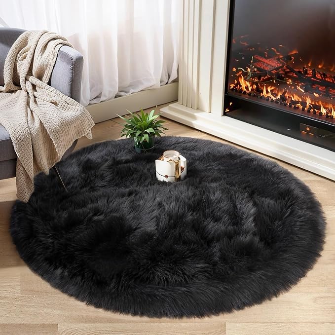 Ciicool Black Fluffy Round Fur Area Rug by CIICOOLHomeDeco