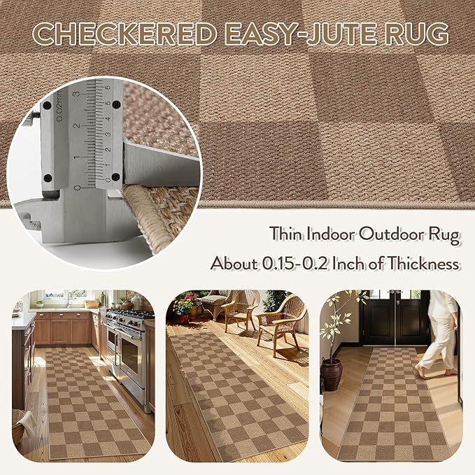 Lahome Colette Checkered Easy Jute Kitchen Runner, 2x8 Washable Indoor Outdoor - Image 4