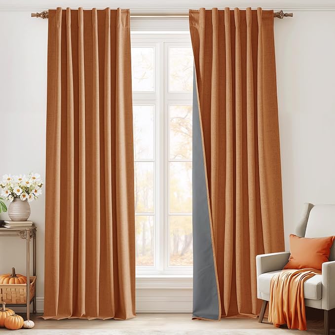 RYB HOME Burnt Orange Total Blackout Curtains Linen Texture, Rustic Fall by RYBHOME