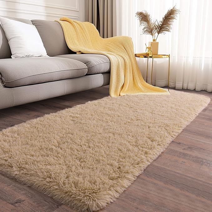 Soft Runner Rugs for Bedroom Hallways, 2x6 Beige Fluffy Shag Throw Area Rug Non - Image 2