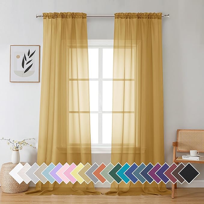 Aiyufeng Gold Sheer Curtain 96 Inches Long 2 Panels Set, Light Filtering Gold by Aiyufeng