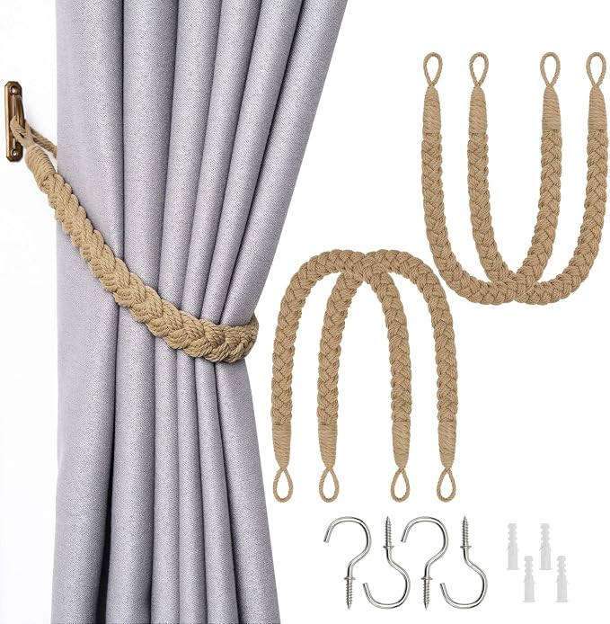 NICEEC 4 Pack Natural Cotton Rope Curtain Tiebacks Elegant Boho Style by NICEEC
