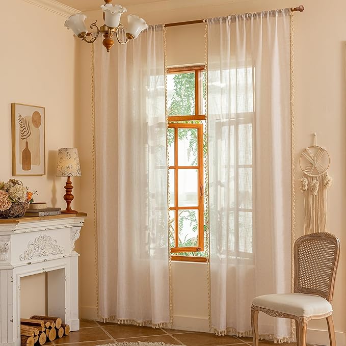 MYSKY HOME 90 Inch Boho Cream Semi Sheer Curtains Light Filtering Back Tab by MYSKYHOME
