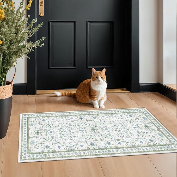 Cream Green and Blue 2x4 Boho Bathroom Rug - Image 3