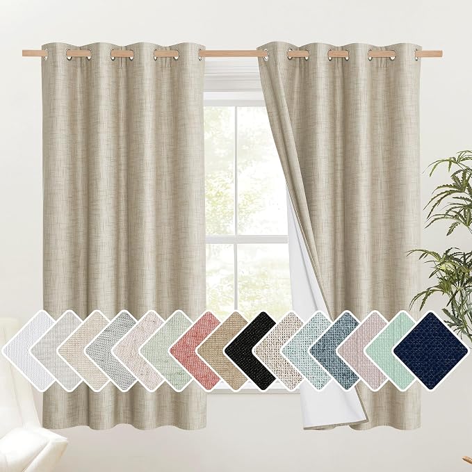 NICETOWN Taupe 100% Blackout Linen Curtains 63 inch Long Burg, Farmhouse Thick by NICETOWN