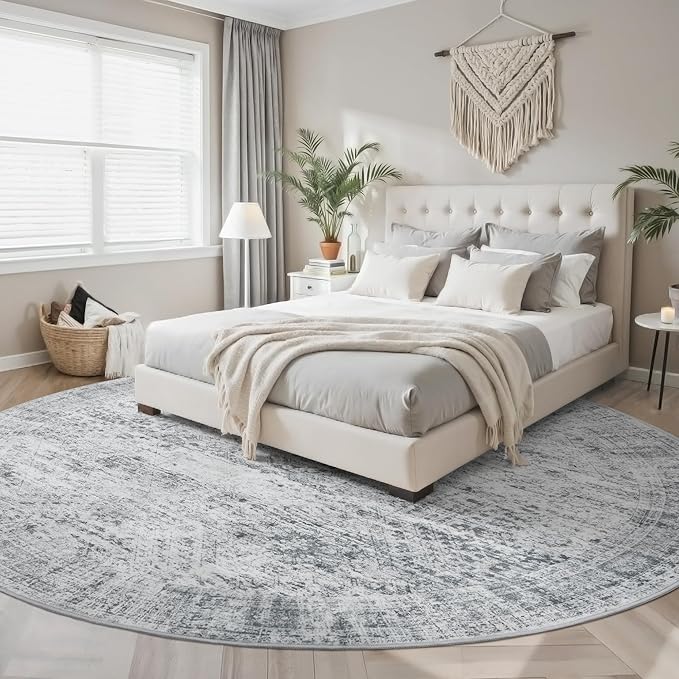 Soalmost 9x9 Grey Round Rug 9ft Living Room Circle Rug Vintage Round Area Rug - Image 2