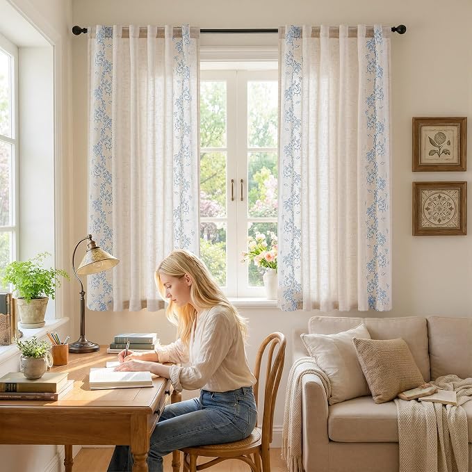 jinchan Evelyn Embroidered Linen Curtains 63 inch Floral Curtains - Image 6