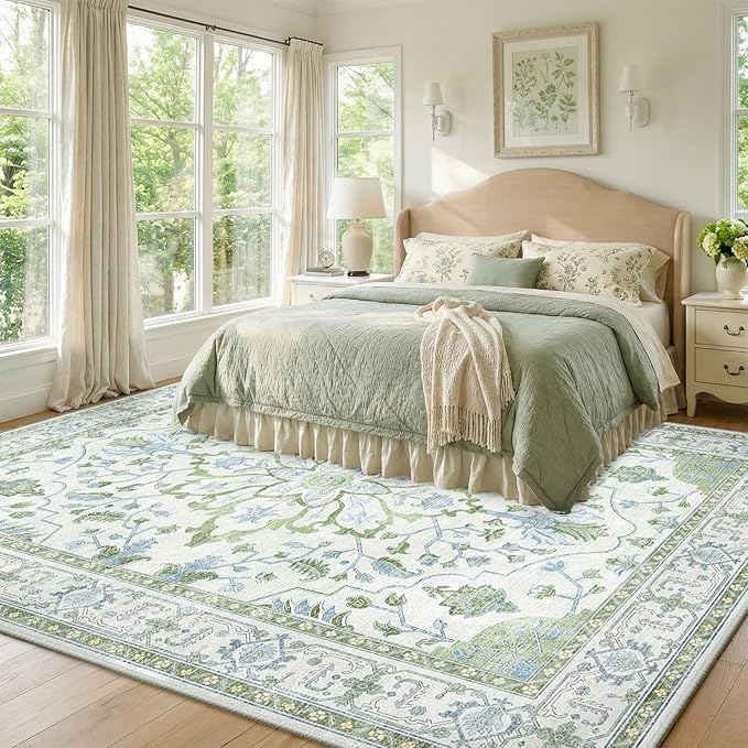Area Rugs 8'x10' Washable Non-Slip, Floral Vintage Distress Print Pattern - Image 2
