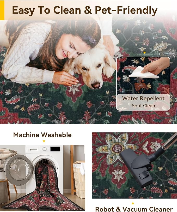 Area Rugs Round 8ft Washable Non-Slip, Floral Vintage Distress Print Pattern - Image 4