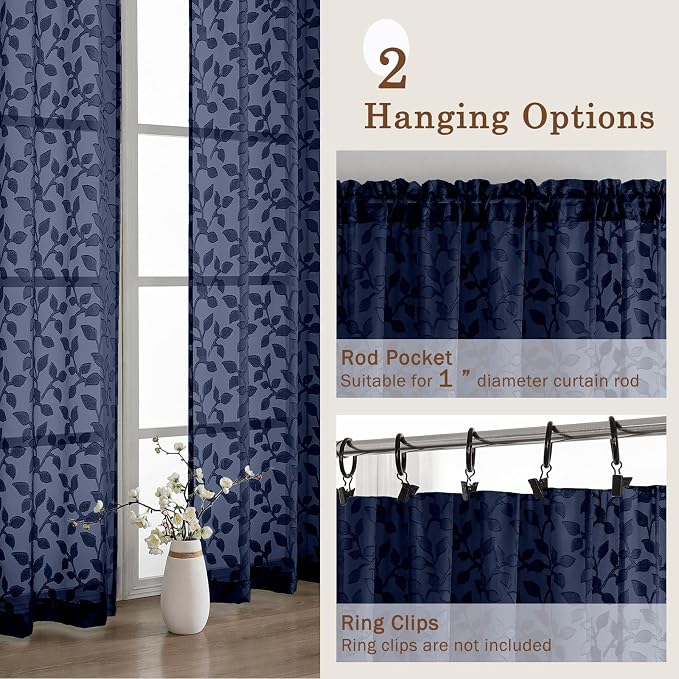 Chyhomenyc Navy Blue Sheer Curtains 24 Inch Length, Light Filtering Leaf Tufted - Image 7