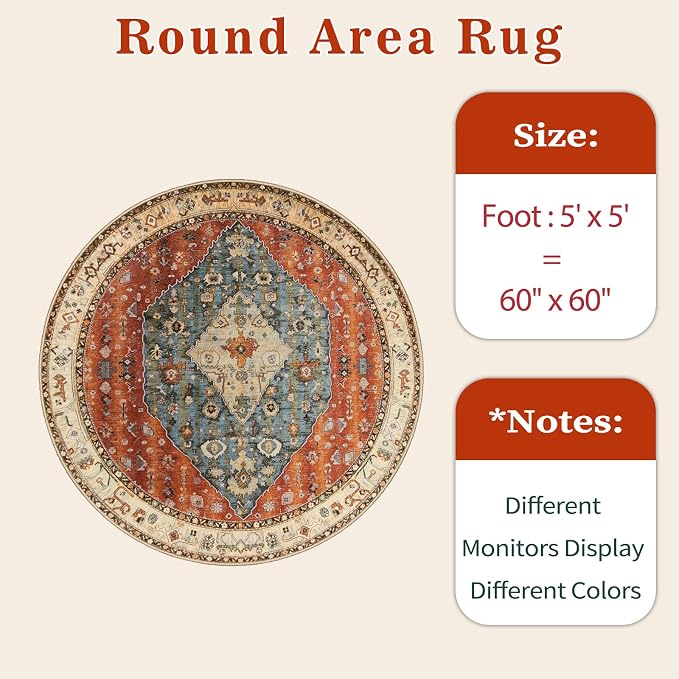 SERISSA Boho Round Area Rug, 5ft Washable Non-Slip Circle Rug, Ultra Soft - Image 6
