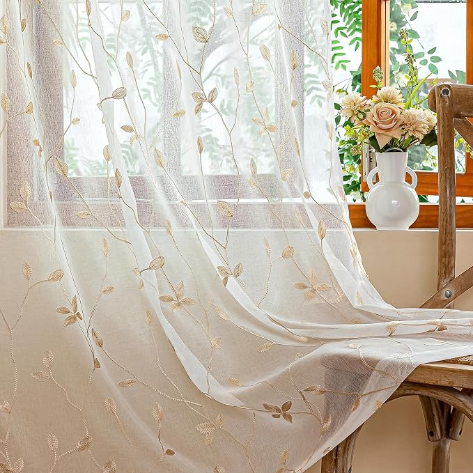AmHoo 2 Panels Embroidered Leaf Pattern Semi Sheer Curtains Foliage Floral by AmHootextile