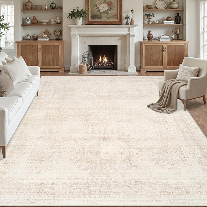 Area Rugs 9x12 Living Room: Vintage Boho Neutral Washable Rug Indoor Soft Large by Luxturiy