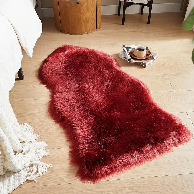 AMTOVO Faux Fur Rug, Burgundy Area Rug, Fluffy Sheepskin Rug, Fuzzy Ultra Soft - Image 4