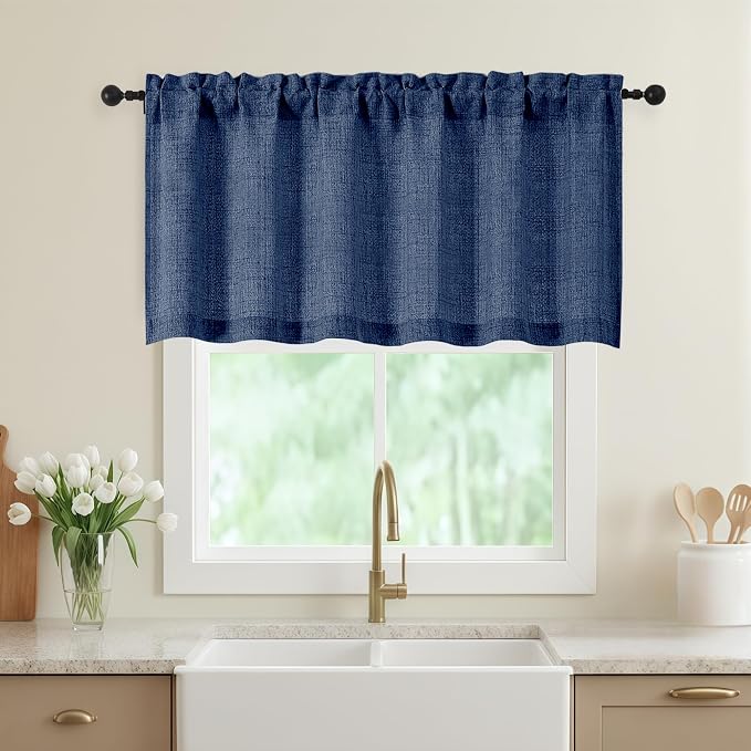 Navy Blue Valances for Windows, Light Filtering Faux Linen Textured Small Short by WelvetBLK