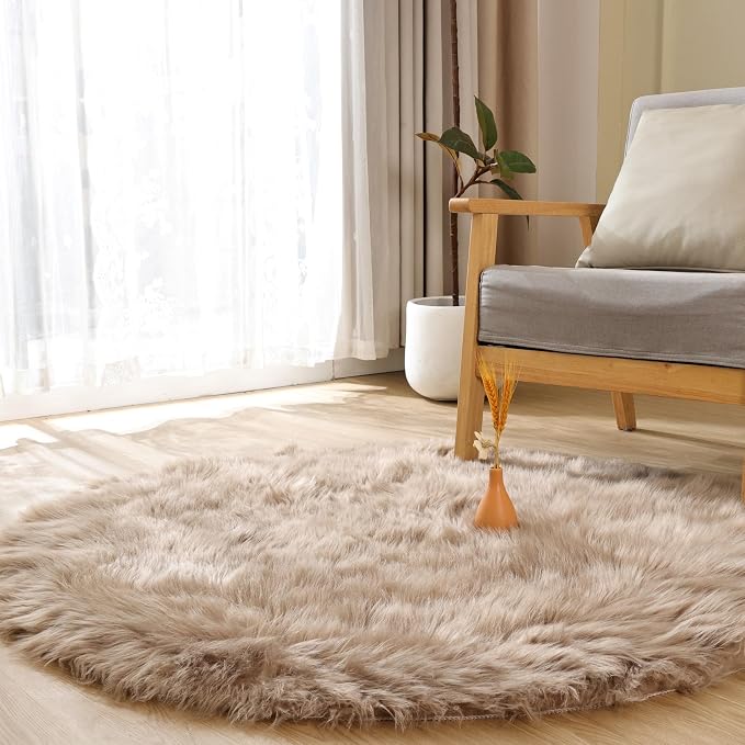 Goolela Beige Circle Faux Fur Rug 3ft Fuzzy Furry Small Round Sheepskin Rug - Image 7