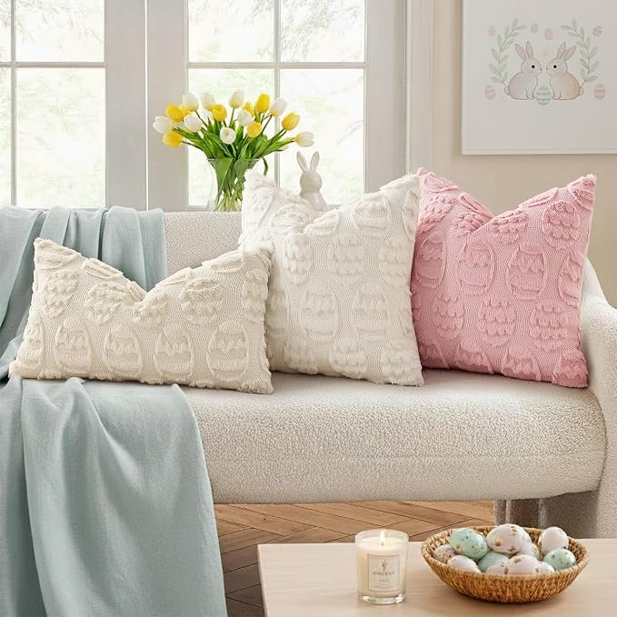 decorUhome Easter Beige Egg Pillow Covers 12x20 Inch Set of 2, Soft Plush Faux - Image 3