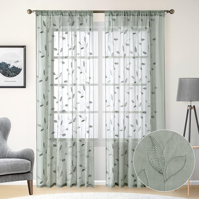 HOMEIDEAS Sage Green Sheer Curtains 52 X 84 Inches Long 2 Panels Embroidered - Image 2