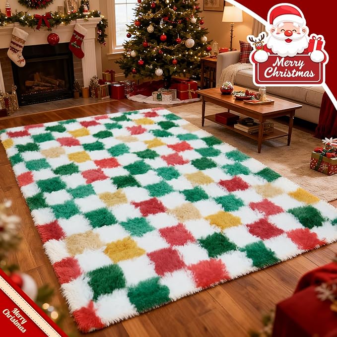 Checkered Area Rug 8x10 for Living Room Bedroom, Christmas Shag Rug Fuzzy - Image 5