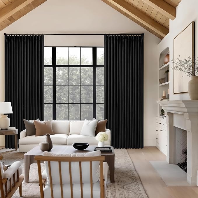 Black 100% Blackout Pinch Pleat Linen Curtains 108 Inches Long - Image 9