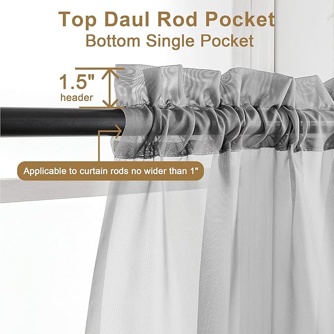 Chyhomenyc Light Grey Sheer Curtains 96 inches Long 2 Panels, Light Filtering - Image 2