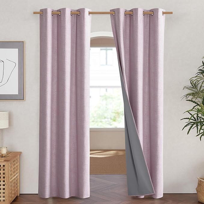 NICETOWN Pink Vintage Linen 100% Blackout Curtains - Image 2