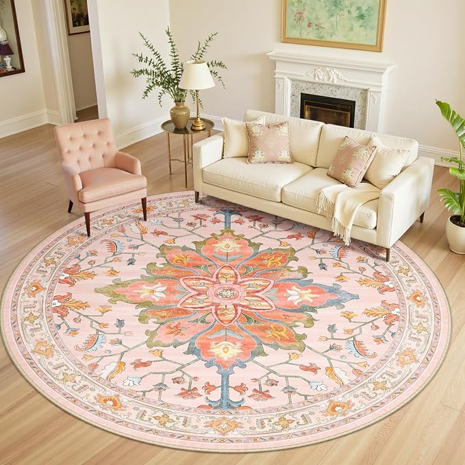 Area Rugs 8ft Washable Non-Slip, Floral Vintage Distress Print Pattern by RELEANY