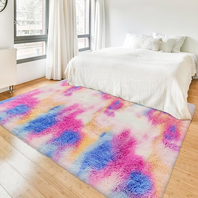 Fluffy Colorful Rug for Bedroom Girls 4x6 Kawaii Rainbow Tie Dye Area Rug Fuzzy - Image 2