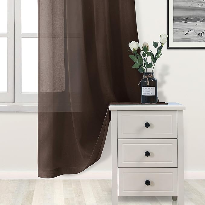 DWCN Brown Sheer Curtains Semi Transparent Voile Rod Pocket Curtains - Image 3