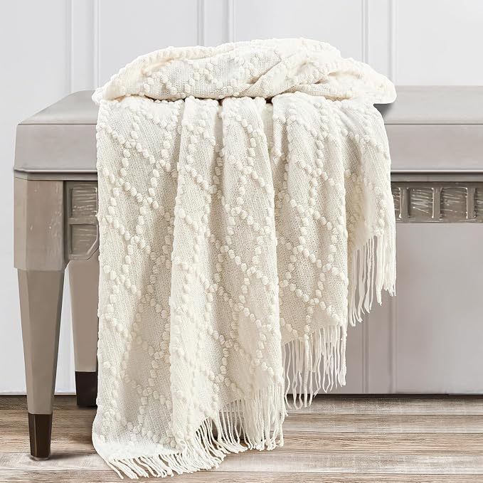 BOURINA White Throw Blanket 50 x70 Inches Jacquard Argyle Throw Textured Solid - Image 3