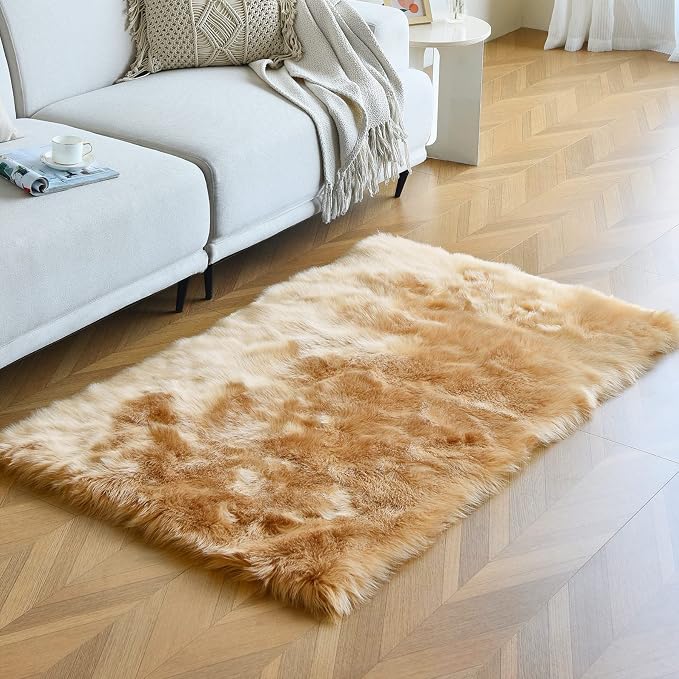 duduta Beige Faux Sheepskin Fur Rug 3x5 ft, Fluffy Shag Bedroom Dorm Nursery by duduta