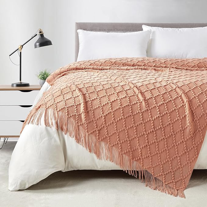BOURINA Orange Throw Blanket 50 x70 Inches Jacquard Argyle Throw Textured Solid by BOURINA