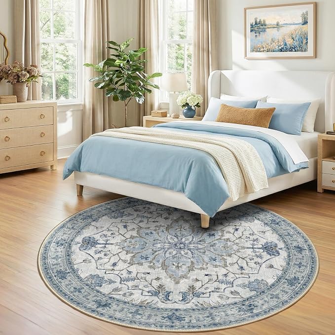 Area Rugs 7ft Washable Non-Slip, Floral Vintage Distress Print Pattern - Image 2