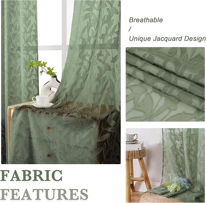 Lecloud Leia Sage Green Sheer Curtains 45 Inch Length 2 Panels, Elegant Balance - Image 4
