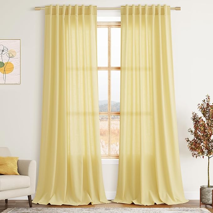 Yellow Linen Textured 96 Inch Curtains 2 Panel Set Back Tab Rod Pocket Sheer by Nanspring