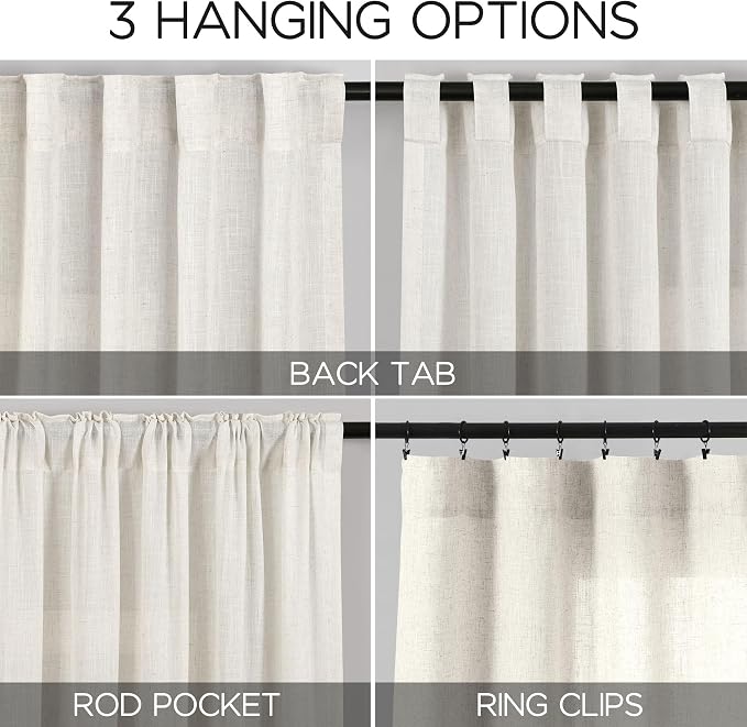 Linen Sheer Curtains 108 Inches Long Back Tab Rod Pocket 2 Panels Cream Semi - Image 3