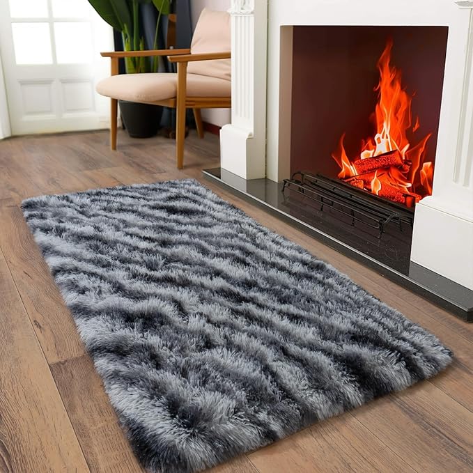 Soft Runner Rugs for Bedroom Hallways, 2x4 Black and White Fluffy Shag Throw - Image 4