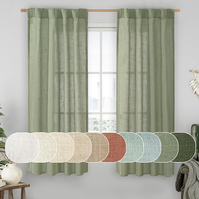 LAMIT 60 Inch Length Window Linen Curtains, Light Filtering Panels Back Tab and by LAMIT