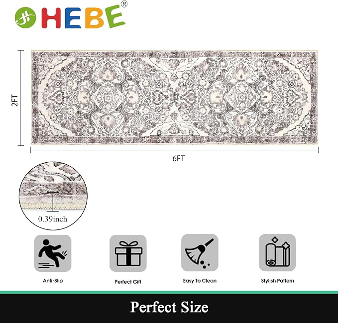 HEBE Hallway Runner Rug 2'x6' Washable Vintage Distressed Area Rugs Non Slip - Image 2