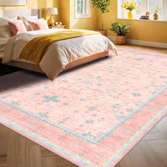 Washable Pink and Blue 9x12 Oushak Rugs - Image 8
