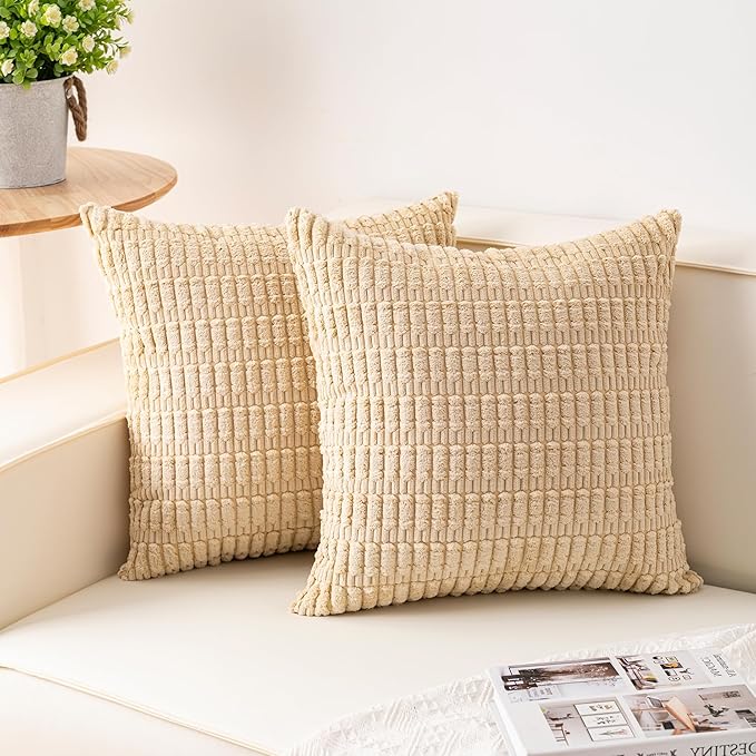 Pack of 2 Corduroy Decorative Throw Pillow Covers 18x18 InchSoft Boho Striped by Unknown