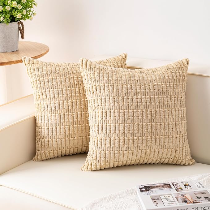 Pack of 2 Corduroy Decorative Throw Pillow Covers 16x16 Inch Soft Striped by Unknown