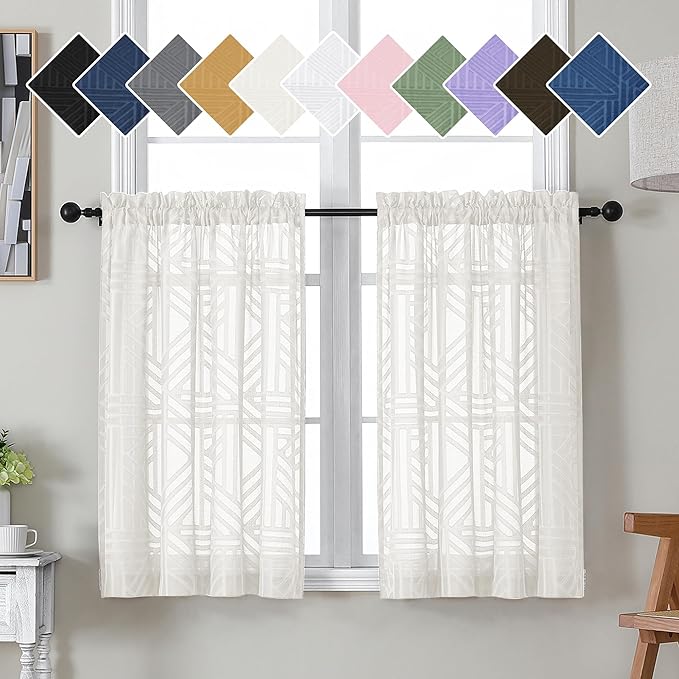 Simplebrand Ivory Sheer Kitchen Curtains 36 Inch Length Tier Curtains 2 Panels by Simplebrand