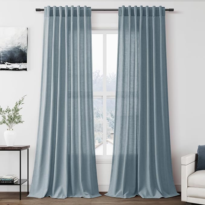 Nanspring Light Blue Linen Curtains Semi Sheer 96 Inches Long 2 Panels Set by Nanspring