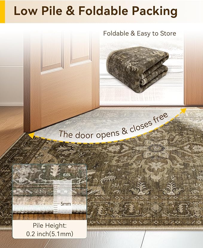 Area Rugs Round 6ft Washable Non-Slip, Floral Vintage Distress Print Pattern - Image 3